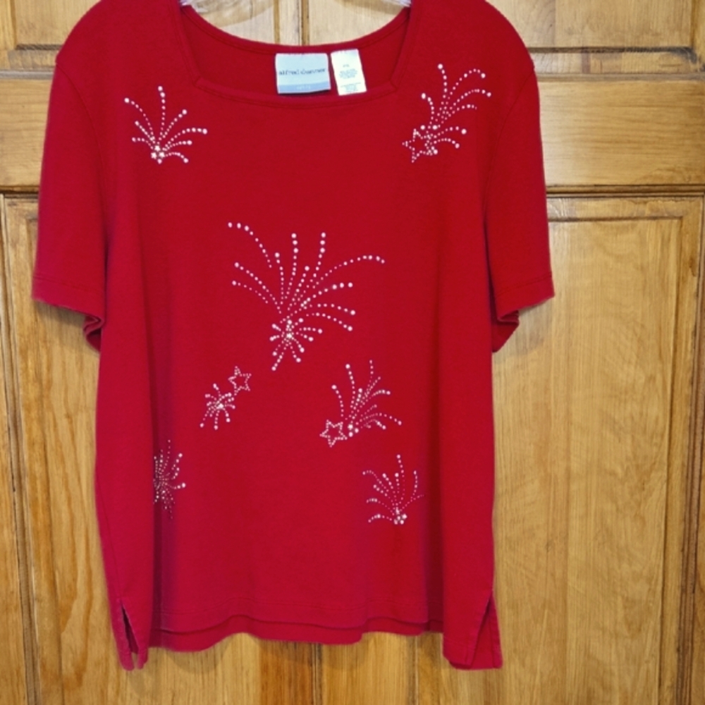 Alfred Dunner Red Embellished Short Sleeve Top